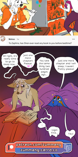anthro ask_blog bed black_nose blue_body blue_fur blue_hair blue_scales book bracelet breasts brown_body brown_fur brown_hair carrot clothing dialogue eating eye_bags eyewear eyewear_on_head facial_tuft female food fur furniture gold_(metal) gold_jewelry grey_body grey_fur grin group hair hoodie husband_and_wife jewelry long_hair male male/female married_couple neck_ring orange_body orange_scales piercing plant ponytail rejection scales smile sparkles speech_bubble sunglasses sunglasses_on_head tan_body tan_fur tear_trough text tired topwear tuft vase vegetable wearing_sunglasses white_body white_fur white_hair yellow_body yellow_scales zummeng darnell_(zummeng) estella_(zummeng) evie_(zummeng) nigel_(zummeng) shani_(zummeng) shen_(zummeng) zaphira_(zummeng) zummeng_(character) canid canine cobra domestic_cat felid feline felis fennec_fox fox hybrid lagomorph leporid lizard mammal prehistoric_species rabbit reptile rhinoceros saber-toothed_tiger scalie smilodon snake suid suine sus_(pig) true_fox wild_boar absurd_res comic english_text hi_res long_image tall_image