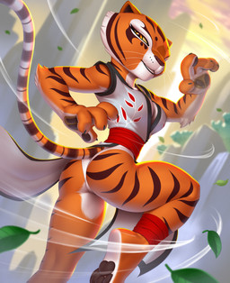 4_fingers 4_toes anthro athletic barefoot big_breasts black_pawpads breasts butt butt_pose claws clothed clothing countershade_feet countershading feet female finger_claws fingers leaf looking_at_viewer mountain pawpads paws plantigrade pose slim small_butt solo stripes thick_thighs toes waterfall whiskers wind yellow_sclera pak009 dreamworks kung_fu_panda master_tigress felid mammal pantherine tiger 2023 digital_media_(artwork) hi_res