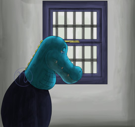 anthro barred_window blue_body blue_clothing blue_eyes blue_scales blue_scar blue_shirt blue_topwear closed_frown clothed clothed_anthro clothed_male clothing depression facial_scar frown grey_wall half-closed_eyes inside light logo looking_down male male_anthro mouth_closed narrowed_eyes pupils saggy_neck scales scar scutes sharp_teeth shirt side_view slit_pupils solo teeth topwear wall_(structure) window yellow_scutes skywater nathile_tiduna alligatorid azurlligator crocodilian reptile scalie 2026 adobe_photoshop_(artwork) artist_logo colored digital_drawing_(artwork) digital_media_(artwork) english_description half-length_portrait hi_res lighting portrait shaded
