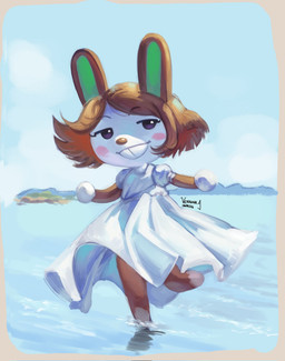 anthro big_teeth blush blush_stickers brown_body brown_fur brown_hair buckteeth clothing dress eyelashes featureless_feet featureless_hands feet female fur hair one_leg_up outside purple_eyes raised_leg shallow_water sky solo teeth water white_clothing white_dress verashaabrthy animal_crossing nintendo carmen_(animal_crossing) lagomorph leporid mammal rabbit 2026 dated digital_media_(artwork) digital_painting_(artwork) hi_res painting_(artwork)