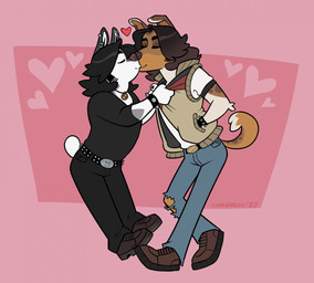 alternative_fashion anthro belt bottomwear bracelet brown_body brown_fur clothing denim denim_bottomwear denim_clothing duo ear_piercing ear_ring eyes_closed facial_hair footwear fur grey_body grey_fur hair heart_symbol jeans jewelry kissing long_hair love male male/male necklace pants piercing pink_background punk ring_piercing romantic romantic_couple shirt shoes sideburns simple_background smile studded_belt studded_bracelet studded_jewelry studs t-shirt topwear torn_bottomwear torn_clothing torn_pants vest white_body white_fur cadaverrdog eli_(fleetwoodbrak) gio_(cadaverrdog) canid canine canis collie domestic_dog herding_dog hybrid mammal pastoral_dog sheepdog smooth_collie wolfdog