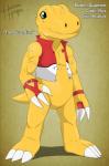 3_fingers 3_toes anthro feet fingers male scar simple_background solo text toes yellow_background heibanhikaru bandai_namco digimon rex_the_agumon agumon digimon_(species) dinosaur prehistoric_species reptile scalie theropod hi_res