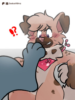 ambiguous_gender blush blush_lines brown_body brown_fur feet foot_focus freckles fur nervous nervous_smile paws pink_nose scarf simple_background smile conditional_dnp sadcat16hrz nintendo pokemon fan_character canid canine canis generation_4_pokemon generation_7_pokemon mammal pokemon_(species) rockruff shinx wolf 3:4 colored_sketch shaded simple_shading sketch adult_(lore)