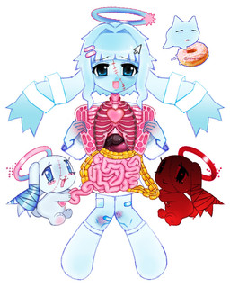 ambiguous_gender anthro blue_body blue_eyes blue_hair bruised_knee clothing dessert doughnut food footwear gore group guts hair halo heart_symbol intestines kemono open_mouth organs painless_gore pastry rib_cage scar socks alunka lagomorph leporid mammal rabbit hi_res