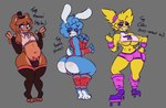 anthro beakless big_breasts blue_hair bow_tie breasts brown_hair bulge clothing eyeshadow femboy group gynomorph hair hat headgear headwear intersex legwear makeup male quad_skates roller_skates thigh_highs trio cryptiacurves five_nights_at_freddy's five_nights_at_freddy's_2 fredina's_nightclub scottgames toy_bonfie_(cryptiacurves) toy_bonnie_(fnaf) toy_chica_(fnaf) toy_chiku_(cryptiacurves) toy_freddy_(fnaf) toy_frenni_(cryptiacurves) avian bear bird chicken galliform gallus_(genus) lagomorph leporid mammal phasianid rabbit hi_res male_(lore)