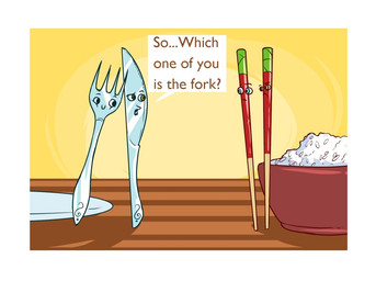 ambiguous_gender blue_eyes border bowl brown_eyes chopsticks container cutlery dialogue female food fork green_eyes group humor kitchen_utensils knife male metallic_body not_furry parody rice text tools white_border lesserconjuror animate_inanimate english_text