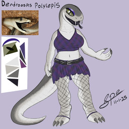 3_toes 4_fingers anthro belly belt big_breasts big_eyes big_tail black_mouth black_tongue bottomwear breasts claws clothing crop_top digitigrade eyelashes eyeshadow fangs feet female finger_claws fingers fishnet_clothing fishnet_legwear forked_tongue front_view green_eyes grey_body grey_claws grey_scales legwear long_neck long_tail looking_at_viewer makeup navel non-mammal_breasts open_mouth open_smile pattern_bottomwear pattern_clothing pattern_skirt pattern_topwear plaid plaid_bottomwear plaid_clothing plaid_skirt plaid_topwear purple_bottomwear purple_clothing purple_crop_top purple_eyeshadow purple_shirt purple_skirt purple_topwear scales shirt skirt slightly_chubby slightly_chubby_anthro slightly_chubby_female smile smiling_at_viewer snout solo standing tail tapering_tail teeth text thick_tail thick_thighs toe_claws toes tongue tongue_out topwear v-neck ventral_scales spe black_mamba elapid_(snake) mamba reptile scalie snake 2025 dated digital_drawing_(artwork) digital_media_(artwork) flat_colors hi_res procreate_(artwork) reference_image signature species_name