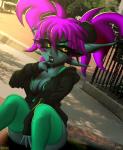 amber_eyes black_lips breasts cleavage clothed clothing fangs female hair hoodie horn legwear lips makeup not_furry photo_background pigtails purple_hair sitting solo stockings teeth topwear vrabo iqua_kicks imp absurd_res digital_media_(artwork) hi_res photography_(artwork)