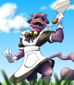 5_fingers angry anthro bell bell_collar black_sclera blush bottomwear cleaver_(knife) clothing cloud collar cutlery fingers gloves grass handwear kitchen_knife kitchen_utensils knife legwear long_tail maid_uniform male muscular muscular_anthro muscular_male pink_collar plant pupils raised_arm raised_leg running shorts solo tail thigh_highs tools uniform white_pupils valken_holmes felid feline mammal character_request hi_res