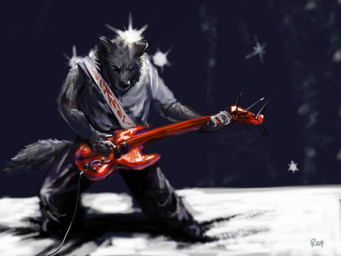 anthro biped bottomwear clothed clothing electric_guitar eyes_closed front_view fully_clothed fur grey_body grey_fur guitar holding_musical_instrument holding_object male musical_instrument musician pants playing_guitar playing_music plucked_string_instrument realistic shirt simple_background solo standing string_instrument tail topwear racoonwolf canid canine canis mammal wolf 2007 cool_colors detailed