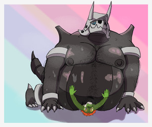 abstract_background anthro barazoku belly belly_grab belly_hair belly_squish big_belly blue_eyes bodily_fluids body_hair chest_hair claws dominant duo eye_contact green_body green_scales hairy_male horn larger_dom larger_male looking_at_another male male/male musk navel nipples overweight scales size_difference smaller_male squish sweat sweaty_male tail toe_claws speence_(artist) nintendo pokemon speence aggron generation_3_pokemon lizard pokemon_(species) reptile scalie 2026 colored hi_res shaded