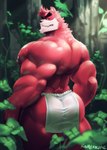 anthro back_muscles big_muscles black_nose bottomwear brown_body brown_fur brown_nipples butt clothing eyebrows forest fur loincloth looking_back male muscular muscular_anthro muscular_male nipples outside plant solo standing thick_eyebrows tree cursedmarked studio_chizu the_boy_and_the_beast kumatetsu bear mammal 2021 absurd_res hi_res