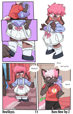 ageplay anthro brown_body brown_fur clothed clothing dialogue diaper doll dress dress_up female footwear fur hair infantilism male male/female pink_hair roleplay shoes text bewskyss canid canine mammal absurd_res comic english_text hi_res