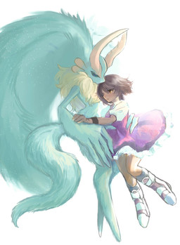 ambiguous_gender anthro antlers black_sclera bottomwear brown_hair canon_x_oc chest_tuft clothed clothed_female clothing duo female female/ambiguous fluffy fluffy_tail footwear fur hair hand_on_back hand_on_hip head_wings holding_another horn hug huge_wings interspecies looking_at_another looking_at_partner mouthless multicolored_body multicolored_eyes multicolored_fur neck_tuft pink_eyes pupils shoes short_hair simple_background size_difference skirt tail tan_body tan_fur tan_skin teal_body teal_eyes teal_fur tuft unusual_wing_placement white_background wings yellow_eyes gemini_kirby kirby_(series) nintendo fecto_elfilis vesa_(erinprimette) alien chinchillid human mammal rodent starling_(kirby) 2023 digital_media_(artwork) hi_res
