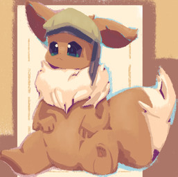 :< abstract_background ambiguous_gender beret beret_only border brown_body brown_fur clothing feral fur glistening glistening_eyes hat hat_only headgear headgear_only headwear headwear_only mostly_nude mouth_closed multicolored_body multicolored_fur neck_tuft outline pawpads paws pivoted_ears sitting solo tail tuft white_body white_fur anonymous_artist nintendo pokemon eevee generation_1_pokemon pokemon_(species) 2025 digital_media_(artwork) hi_res redraw shaded