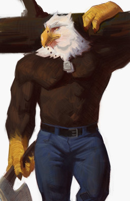 anthro axe beak belt bottomwear brown_body brown_feathers claws clothing denim denim_bottomwear denim_clothing dog_tags feathers holding_object jeans looking_aside male melee_weapon muscular muscular_male pants pecs shirtless solo weapon white_body white_feathers wood yellow_beak yellow_eyes marshy_(artist) silas_(corvuscantum) accipitrid accipitriform avian bald_eagle bird eagle sea_eagle absurd_res hi_res