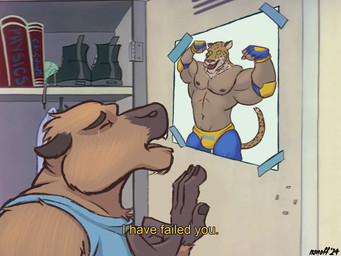 anthro blue_clothing bodily_fluids clothing crying locker male poster shirt solo tank_top tears text topwear nanoff cartoon_network dexter's_laboratory i_have_failed_you tekken king_(tekken) nanoff_(character) capybara caviid mammal rodent 4:3 english_text hi_res meme subtitled