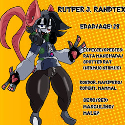 4_fingers anthro black_eyes blue_eyes bottomwear clothing electronics fingers grey_body headphones heterochromia jacket male pants solo tail text topwear wannapossums rutfer_j._randtex mammal murid murine rat rodent 1:1 hi_res model_sheet spanish_text