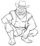 anthro boots bulge chaps clothing cowboy_boots eyewear facial_piercing footwear glasses hat headgear headwear kerchief male nose_piercing nose_ring piercing ring_piercing shoes simple_background smile solo tusks white_background thegreatmatsutzu teenage_mutant_ninja_turtles bebop mammal suine black_and_white monochrome sketch