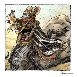ambiguous_gender anthro black_body black_scales brown_body brown_clothing brown_fur cloak clothing desert duo eyewear feral fur goggles goggles_on_face red_cloak red_clothing riding saddle sand scales sitting tail david_petersen mouse_guard lizard mammal mouse murid murine reptile rodent scalie 1:1