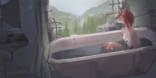 abandoned abandoned_building anthro bath bathing bathtub breasts cigarette cigarette_in_mouth cigarette_smoke detailed_background ear_markings exposed_breasts female hair half-closed_eyes looking_away markings mountain multicolored_body narrowed_eyes nipple_tape object_in_mouth pasties plant rebar red_hair scenery sky smoke solo tape tree wet_hair ecolenss lin_(ecolenss) canid canine mammal 2:1 absurd_res hi_res
