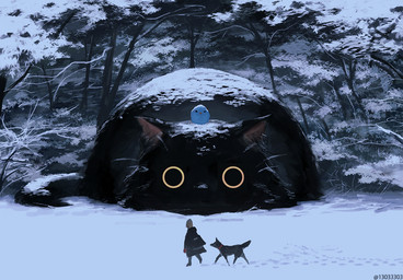ambiguous_gender big_pupils black_body black_fur blue_body collar dilated_pupils extreme_size_difference feral forest fur group looking_at_viewer macro outside plant pupils sitting size_difference snow snow_on_trees tail tree walking arizuka avian bird canid canine canis domestic_cat domestic_dog felid feline felis human mammal 2018 digital_media_(artwork)