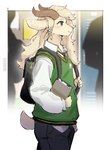 anthro backpack black_backpack black_necktie book braided_hair brown_horn clothed clothing collar_shirt fully_clothed green_clothing green_eyes green_sweater green_sweater_vest green_topwear green_vest hair holding_book holding_object horizontal_pupils horn inside long_hair male necktie pupils shirt short_tail solo sweater sweater_vest tail topwear vest walking white_body white_clothing white_hair white_shirt white_topwear 00niine austin_(00niine) bovid caprine goat mammal hi_res