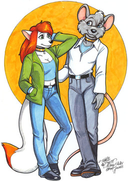 anthro black_nose blue_eyes bottomwear breasts cleavage clothed clothed_female clothed_male clothing collar dipstick_tail duo female footwear fur green_eyes grey_body grey_fur hair male markings midriff orange_hair pants shirt shoes tail tail_markings topwear white_body white_fur terrie_smith code_name:_hunter max_mcconnor ruby_pyrenees canid canine canis domestic_dog mammal mouse murid murine rodent 2011
