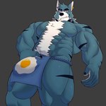 abs anthro asian_clothing biceps black_stripes blue_body blue_fur blush blush_lines body_hair bulge chest_tuft claws clothed clothing collar deltoids ear_piercing east_asian_clothing egg_pattern eye_scar eyebrow_slit eyebrows facial_scar finger_claws forearm_muscles fundoshi fundoshi_only fur grey_background hair happy_trail japanese_clothing male muscular muscular_anthro muscular_male muscular_thighs obliques pawpads pecs piercing quads scar simple_background solo spiked_collar spikes striped_body striped_fur stripes sunny_side_up_egg topless tuft underwear underwear_only white_hair black-kun canid canine canis mammal wolf 1:1 2023