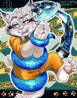 anthro belt blue_body blue_scales blush bodily_fluids bottomwear clothed clothing coiling dialogue duo ear_tuft feral male male/male orange_bottomwear orange_clothing orange_jumpsuit orange_pants orange_shirt orange_topwear pants pawpads police police_badge police_hat police_uniform prison_uniform scales shirt sweat sweatdrop text topwear tuft uniform utility_belt whiskers yellow_eyes shimo_mi_0503 disney zootopia gary_de'snake pawbert_lynxley canada_lynx felid feline lynx mammal pit_viper reptile scalie snake viper 2025 digital_media_(artwork) english_text hi_res
