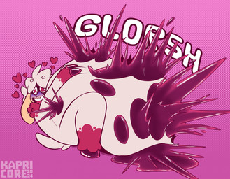 ambiguous_gender anthro belly belly_inflation blue_blush blush bursting candy_gore death eyebrow_through_hair eyebrows food gore hair heart_symbol hooves inflation jelly_(food) logo lying on_back onomatopoeia open_mouth open_smile smile solo sound_effects text translucent translucent_hair willing_death x_eyes kapricore bovid caprine mammal sheep 2024 artist_logo dated digital_drawing_(artwork) digital_media_(artwork) english_description english_text hi_res