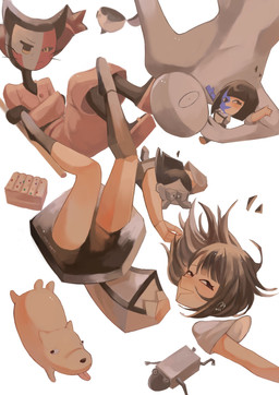 ambiguous_gender anthro asymmetrical_hair bangs black_body black_eyes black_hair blue_body blunt_bangs bob_cut bottomwear breasts clothed clothing eyebrows falling female floating_head food grey_body group hair hat headgear headwear multicolored_body simple_background smile topwear turron two_tone_body two_tone_face whiskers white_body yellow_body usagimarumei ena_(series) brick_frog ena_(joel_g) hourglass_dog_(ena) moony_(ena) shepherd_(ena) amphibian canid canine canis domestic_cat ena_(species) felid feline felis frog human humanoid living_moon mammal sphere_creature digital_media_(artwork) hi_res