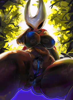 2_horns anthro areola backlighting big_breasts black_body black_eyes blue_areola blue_nipples blue_vulva bodily_fluids breasts butt butt_from_the_front cloak cloak_only clothing excessive_sweat eyelashes female genitals glistening glistening_body horn light looking_at_viewer low-angle_view mouthless nature navel nipples non-mammal_breasts non-mammal_navel non-mammal_nipples non-mammal_vulva outside plant pubes red_cloak red_clothing simple_background solo sunlight sweat sweaty_body thick_thighs tree vulva wet wet_body white_head wide_hips alamander hollow_knight_(franchise) team_cherry hornet_(hollow_knight) arthropod insect 2025 absurd_res digital_drawing_(artwork) digital_media_(artwork) hi_res lighting