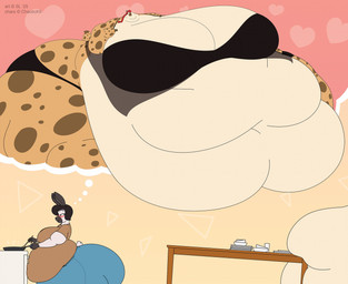anthro appliance belly big_belly big_breasts blush bottomwear bowl bra breasts brown_body brown_fur brown_hair clothing container cookware copyright_symbol daydream duo female frying_pan fur furniture hair huge_belly huge_breasts huge_thighs hyper hyper_belly hyper_breasts hyper_thighs kitchen_utensils lingerie markings morbidly_obese morbidly_obese_female obese obese_female overweight overweight_female panties pants plate red_hair spots spotted_body spotted_fur stove symbol table thick_thighs tools topwear underwear satsumalord jaylen_(chaotick9) reggie_(chaotick9) hyena lagomorph leporid mammal rabbit spotted_hyena 2025 digital_media_(artwork) hi_res