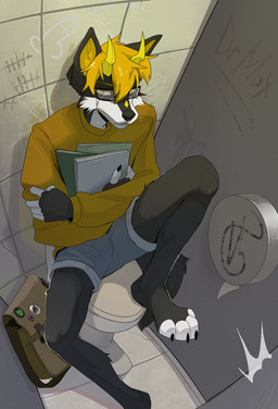 3_horns 4_toes 5_fingers anthro arms_bent backpack bangs barefoot bathroom bent_legs biped black_body black_claws black_ears black_eyewear black_fur black_glasses black_nose black_tail blonde_eyebrows blonde_hair bodily_fluids book bottomwear cheek_tuft claws clothed clothed_anthro clothed_male clothing countershade_face countershade_fur countershade_neck countershading crying eyebrow_through_hair eyebrows eyewear facial_horn facial_tuft feet finger_claws fingerless_(marking) fingers floor front_view fully_clothed fully_clothed_anthro fully_clothed_male fur glasses graffiti graffiti_on_wall grey_bottomwear grey_clothing grey_shorts hair high-angle_view holding_book holding_object horn hotpants humanoid_hands inside iris knee_pulled_up looking_at_viewer looking_up looking_up_at_viewer male male_anthro monotone_hair mouth_closed multi_horn multicolored_body multicolored_fur nose_horn on_toilet public_restroom pupils rectangular_glasses restroom_stall sad short_hair shorts sitting sitting_on_toilet slim slim_anthro slim_male slit_pupils snout solo sweater tail tally_marks tears tile tile_floor tile_wall toe_claws toeless_(marking) toes toilet topwear translucent translucent_hair tuft two_tone_body two_tone_fur wall_(structure) wearing_glasses western_tally_marks white_body white_countershading white_fingers white_fur white_sclera white_toes white_tuft yellow_clothing yellow_eyes yellow_horn yellow_inner_ear yellow_sweater yellow_topwear drmax ignatius_walker_(walk-w-igny) igny_superstar canid canine canis mammal wolf 2025 digital_drawing_(artwork) digital_media_(artwork) full-length_portrait portrait