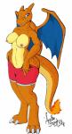 abs anthro bottomwear breasts butt claws clothed clothing digitigrade female fire looking_down nipples non-mammal_breasts non-mammal_nipples shorts simple_background solo tail teeth topless wings acethebigbadwolf mythology nintendo pokemon charizard dragon generation_1_pokemon mythological_creature mythological_scalie pokemon_(species) reptile scalie absurd_res hi_res