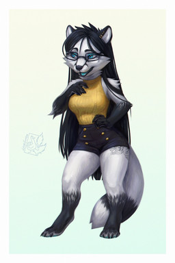 anthro arm_tuft black_body black_bottomwear black_clothing black_ears black_fur black_hair black_tail blue_eyes border bottomwear button_(fastener) clothed clothing ear_piercing ear_ring ear_stud elbow_tuft eyelashes eyewear female front_view fur glasses glistening glistening_eyes gloves_(marking) grey_body grey_fur grey_tail hair hand_on_hip leg_markings logo long_hair looking_aside markings open_mouth piercing rectangular_glasses ring_piercing shoulder_tuft simple_background socks_(marking) solo standing stud_piercing tail text topwear tuft white_border yellow_clothing yellow_topwear lostgoose cana_de_lone canid canine fox mammal 2021 2:3 artist_logo artist_name hi_res