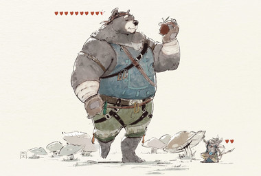 anthro apple biped black_body black_fur black_nose bottomwear clothing duo eating eyes_closed food fruit fur gameplay_mechanics gui health_bar heart_symbol humanoid_hands larger_male male overweight overweight_male pants plant shirt size_difference smaller_male topwear bernie_burr bear mammal mouse murid murine rodent 2021 hi_res