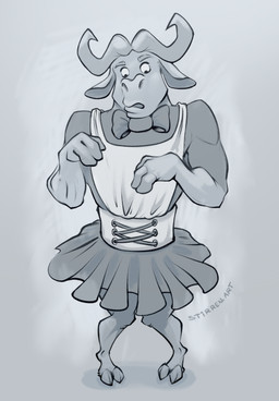 anthro bow_tie clothed clothing crossdressing crossdressing_male dress horn knock-kneed looking_down maid_uniform male solo uniform stirren disney zootopia chief_bogo buffalo hi_res sketch