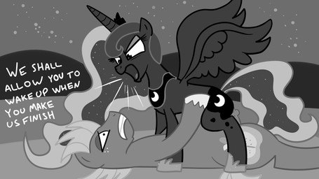 cutie_mark duo erection feathered_wings feathers female female_penetrated feral freckles from_front_position genitals horn lying male male/female male_penetrating male_penetrating_female night nude on_back on_top penetration penile penile_penetration penis penis_in_vagina quadruped reverse_missionary_position sex straddling tail text vaginal vaginal_penetration wings jakejoke friendship_is_magic hasbro my_little_pony mythology big_macintosh_(mlp) princess_luna_(mlp) earth_pony equid equine horse mammal mythological_creature mythological_equine pony winged_unicorn 16:9 2012 english_text greyscale monochrome widescreen