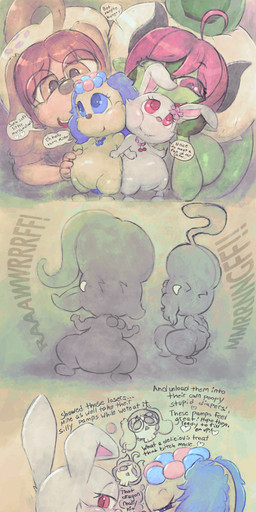 abdl anthro blush bodily_fluids breasts diaper diaper_disposal disposal dominant dominant_female feces female full_diaper genital_fluids group larger_sub male size_difference smaller_pred stinky_diaper submissive taunting text thick_thighs urine vore overflo207 jewelpet mythology sanrio sega_fave flo_(overflo207) ruby_(jewelpet) sapphie_(jewelpet) canid canine canis domestic_dog dragon lagomorph leporid mammal mythological_creature mythological_scalie rabbit scalie absurd_res english_text hi_res