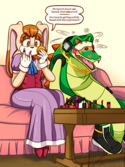 anthro back_spikes blush chain clothing dizzy dress duo electronics female floppy_ears furniture gloves gold_(metal) gold_chain hand_mirror handwear head_tuft headphones kiss_mark lipstick lop_ears makeup male mirror smile sofa spikes spikes_(anatomy) tuft h4mburgerjunki3 sega sonic_the_hedgehog_(series) vanilla_the_rabbit vector_the_crocodile crocodile crocodilian lagomorph leporid mammal rabbit reptile scalie 3:4 hi_res