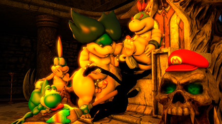anthro balls black_body black_fur blonde_hair blue_hair brush butt_sniffing chair claws clothing defeated eyes_closed fur furniture genitals green_body green_skin group hair hat headgear headwear humiliation laugh male male/male narrowed_eyes nipples paintbrush penis red_hair sniffing tail tail_grab throne tongue tongue_out white_claws young young_anthro doommusk hiroshisan_(modeler) kabalmystic_(modeler) mario_bros nintendo bowser_jr. koopaling lemmy_koopa lire_(doommusk) ludwig_von_koopa ape dinosaur green_yoshi haplorhine koopa mammal monkey pan_(genus) prehistoric_species primate reptile scalie yoshi 16:9 2021 3d_(artwork) digital_media_(artwork) hi_res source_filmmaker_(artwork) widescreen