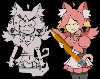 ahoge bell black_background bottomwear breasts cat_smile cat_tail clothing cute_fangs derp_eyes duo eyes_closed fangs female ghost_tail gloves hair handwear heart_necklace inner_ear_fluff light_body light_skin pencil_(object) pink_clothing pink_hair simple_background skirt teeth tuft white_clothing white_gloves white_handwear iluvrabbitz doodlebob irritable_ghost_(deltarune) mad_mew_mew mew_mew_(undertale) pink_(deltarune) animal_humanoid cat_humanoid felid felid_humanoid feline feline_humanoid ghost humanoid mammal mammal_humanoid spirit 2026 hi_res