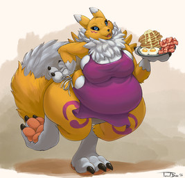 anthro apron apron_only bacon belly big_belly black_nose black_sclera blue_eyes breakfast breasts claws clothing dipstick_ears dipstick_tail ear_markings egg facial_markings female female_anthro food head_markings looking_at_viewer markings meat multicolored_ears multicolored_tail obese obese_anthro obese_female on_one_leg open_mouth overweight overweight_anthro overweight_female pancake solo standing tail tail_markings toe_claws teaselbone bandai_namco digimon canid canine digimon_(species) mammal renamon 2017 signature