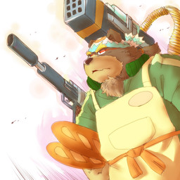 anthro apron bread brown_body brown_fur clothing food fur kemono male overweight overweight_anthro overweight_male solo weapon furipon bear mammal 1:1 2015