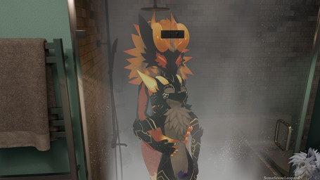 anthro bathing bathroom black_body black_fur blue_body blue_fur door duo eyes_closed fur genitals glass_door glowing glowing_markings hair hand_holding horn hug inside looking_at_another male markings orange_body orange_eyes orange_fur orange_hair orange_horn penis purple_penis shower_head shower_stall showering showering_together smile steam tapering_penis tile tile_wall toilet tongue tongue_out torso_grab towel wall_(structure) water white_body white_fur yellow_body yellow_fur yellow_horn somesnowleopard kinktober kinktober_2025 mythology dragon furred_dragon furred_scalie mythological_creature mythological_scalie nardoragon scalie wickerbeast 16:9 3d_(artwork) 4k absurd_res blender_(artwork) blender_eevee_(artwork) digital_media_(artwork) hi_res widescreen