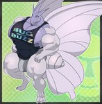 abs anthro arthropod biceps big_muscles biped bottomwear bulge clothed clothing detailed_bulge digital_media_(artwork) digitigrade english_text eyebrow_piercing facial_piercing feet generation_1_pokemon genital_outline hi_res huge_muscles insect_wings looking_at_viewer male male_anthro muscular muscular_anthro muscular_male nintendo nipples pecs penis_outline piercing pokemon pokemon_(species) seaserpenttailor shirt simple_background solo standing tank_top text text_on_clothing text_on_shirt text_on_topwear toes topwear venomoth wings