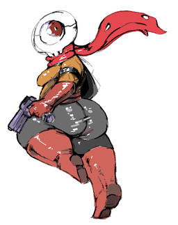 bone boots breasts butt clothing female footwear gun holding_gun holding_object holding_ranged_weapon holding_weapon latex not_furry ranged_weapon scarf shoes skull solo weapon mangneto alien cyclops