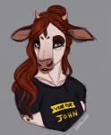 anthro clothed clothing female hair long_hair looking_at_viewer simple_background smile solo adeloo bovid bovine cattle mammal hi_res sketch